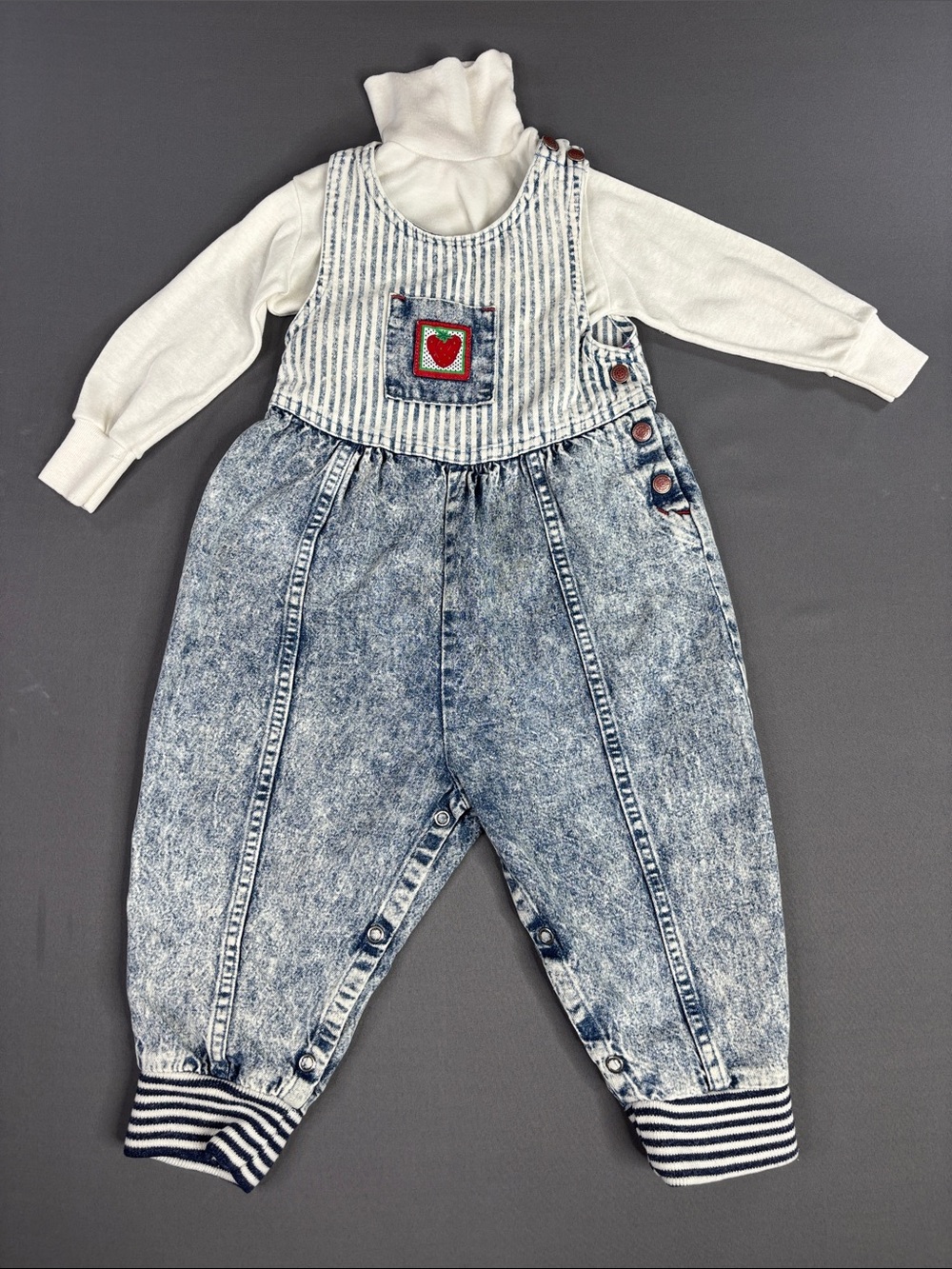 Vintage Levis Overalls Kids 24 Month Acid Wash Denim Patches White Turtleneck